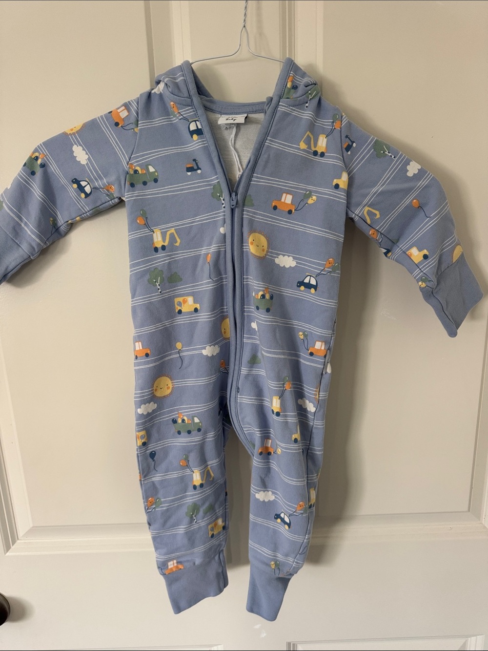 Polarn O. Pyret Light Blue Baby Zip Pajamas with Green and Orange Car Prints